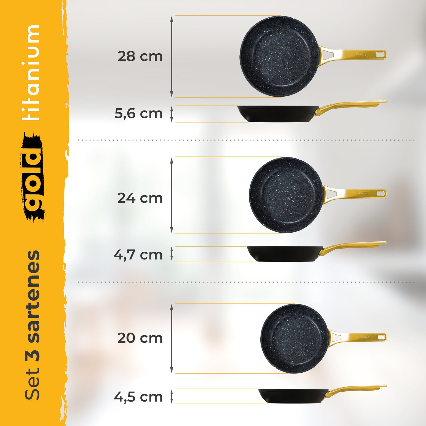 Briebe Set 3 Sartenes Antiadherentes Inducción Titanio 20-24-28cm, Aluminio Forjado Antiadherente, Gold Titanium_4