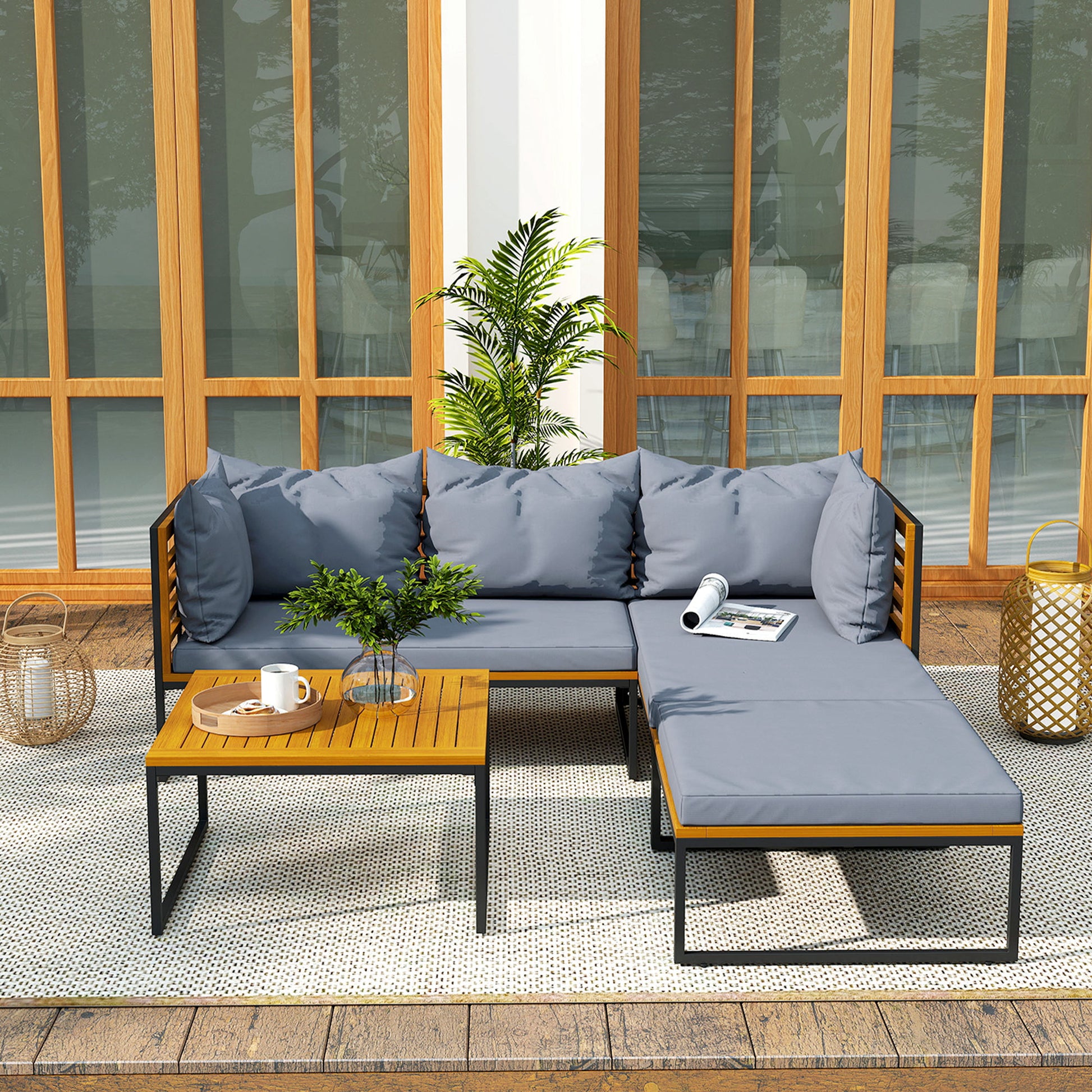 Outsunny Conjunto De Jardín Exterior De 4 Piezas En Forma De L Gris Y Teca_4