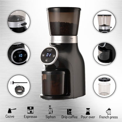 Molinillo Café Profesional Eléctrico, Sistema De Muelas, 17 Niveles Molido, 60 Gr, Temporizador Adler Ad4450, Negro, 300w_4