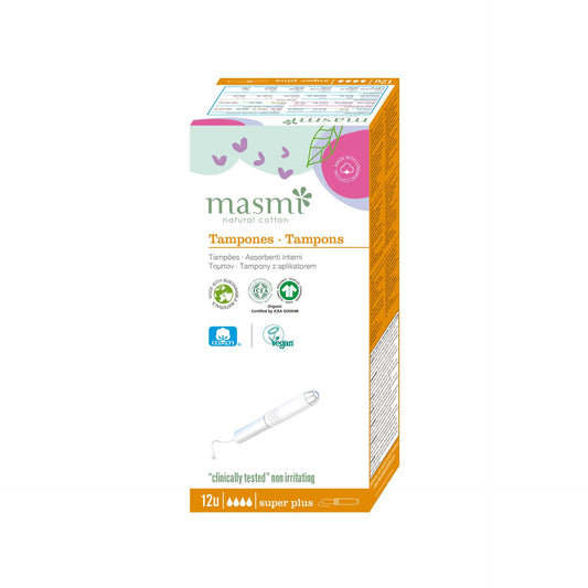Tampão Masmi Super Plus com aplicador de algodão ecológico, 12 unidades