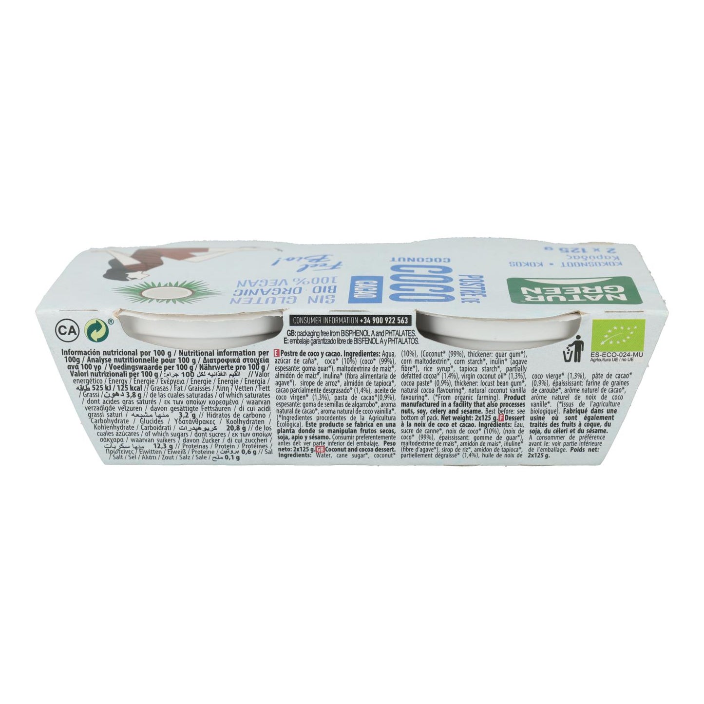 Sobremesa de Coco e Cacau Naturgreen, 2 x 125 g