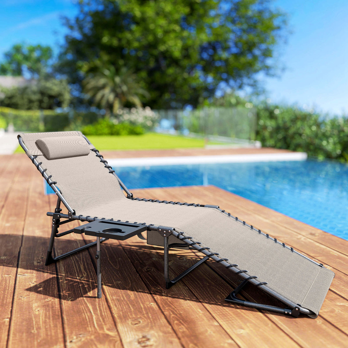 Tumbona Plegable Outsunny Acero, Tela Oxford Crema 190x60x31 Cm_1