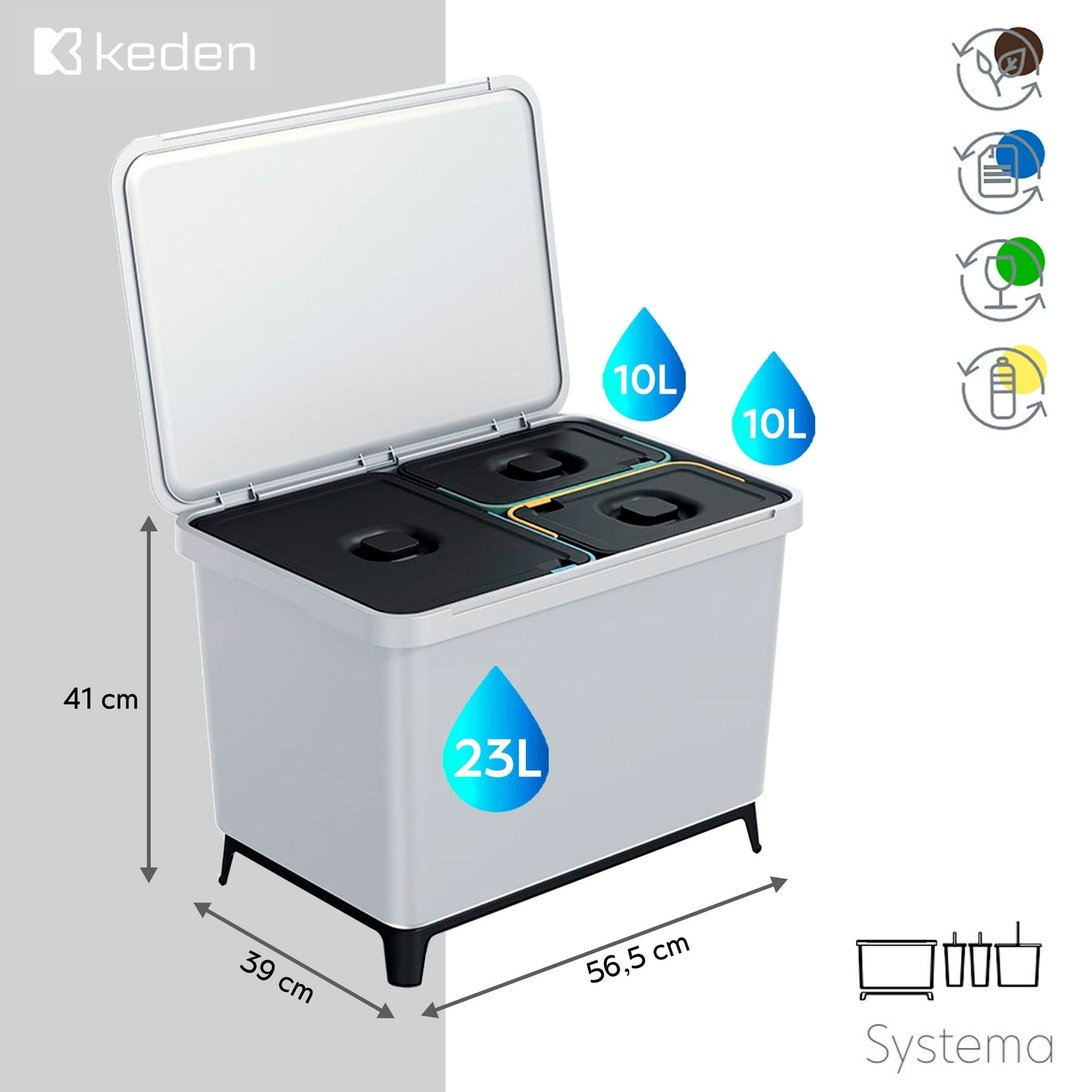 Sistema Clasificador De Reciclaje 2x10l + 1x23l  Color Gris Keden