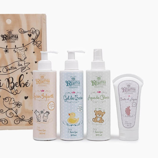 Caixa de oferta infantil em madeira: loção infantil, água de colónia infantil, pasta à base de água e gel de banho infantil Mi Rebotica