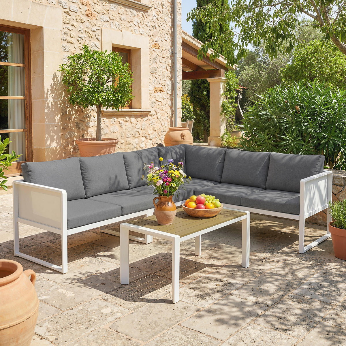 Muebles De Jardín Outsunny Metal, Texteline Gris Claro Y Blanco 120x59.5x62.5 Cm_1