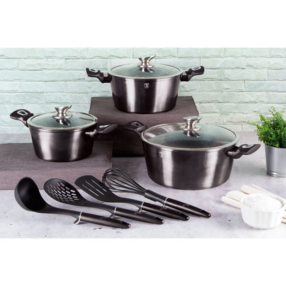 Batería Cocina Inducción 10 Piezas, Antiadherente Mármol Sin Pfoa, Aluminio, 3 Cazuelas Tapas Berlinger Haus Carbon Pro Gris_1