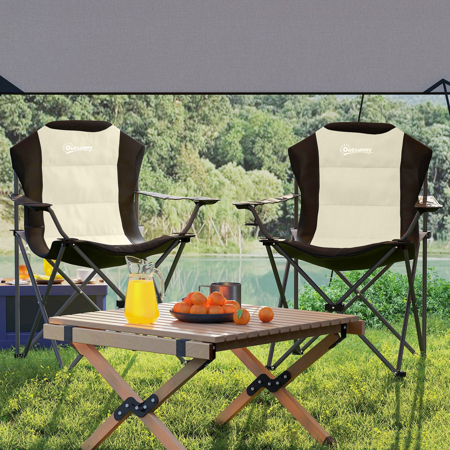 Outsunny Conjunto De 2 Sillas Plegables Camping Con Respaldo Alto Crema_3