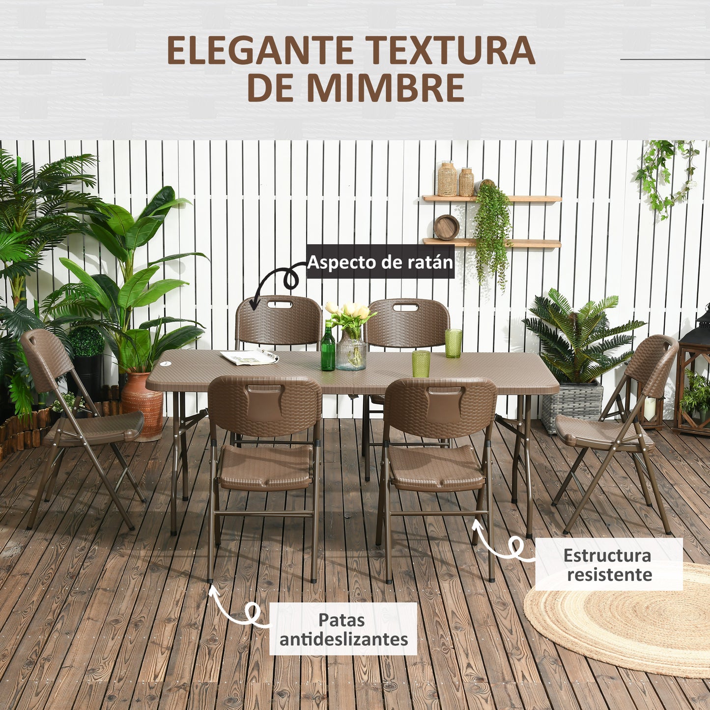 Outsunny Conjunto Mesa Y 6 Sillas De Jardín Diseño De Imitación De Ratán Marrón_5