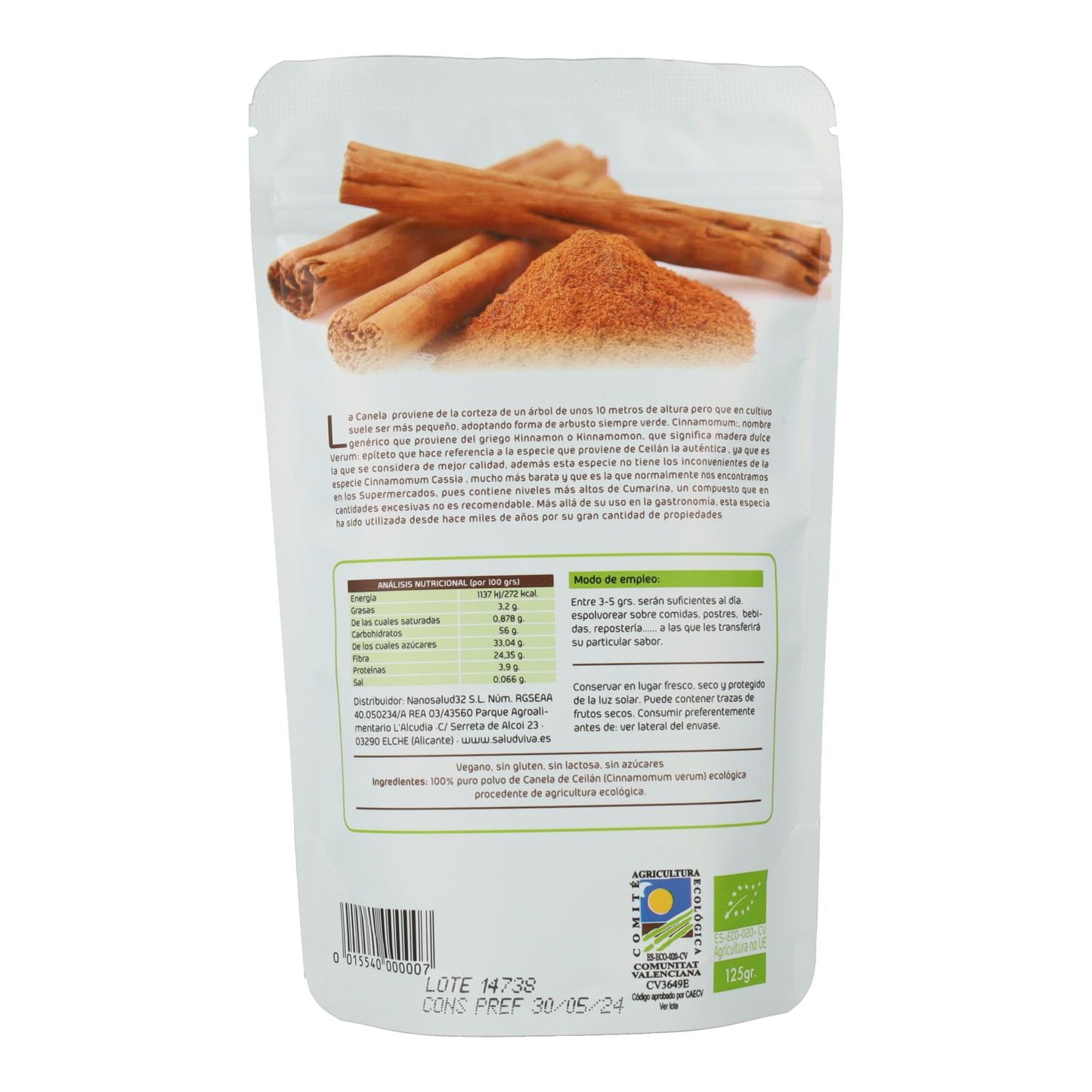 Canela do Ceilão em Pó 125g, Salud Viva