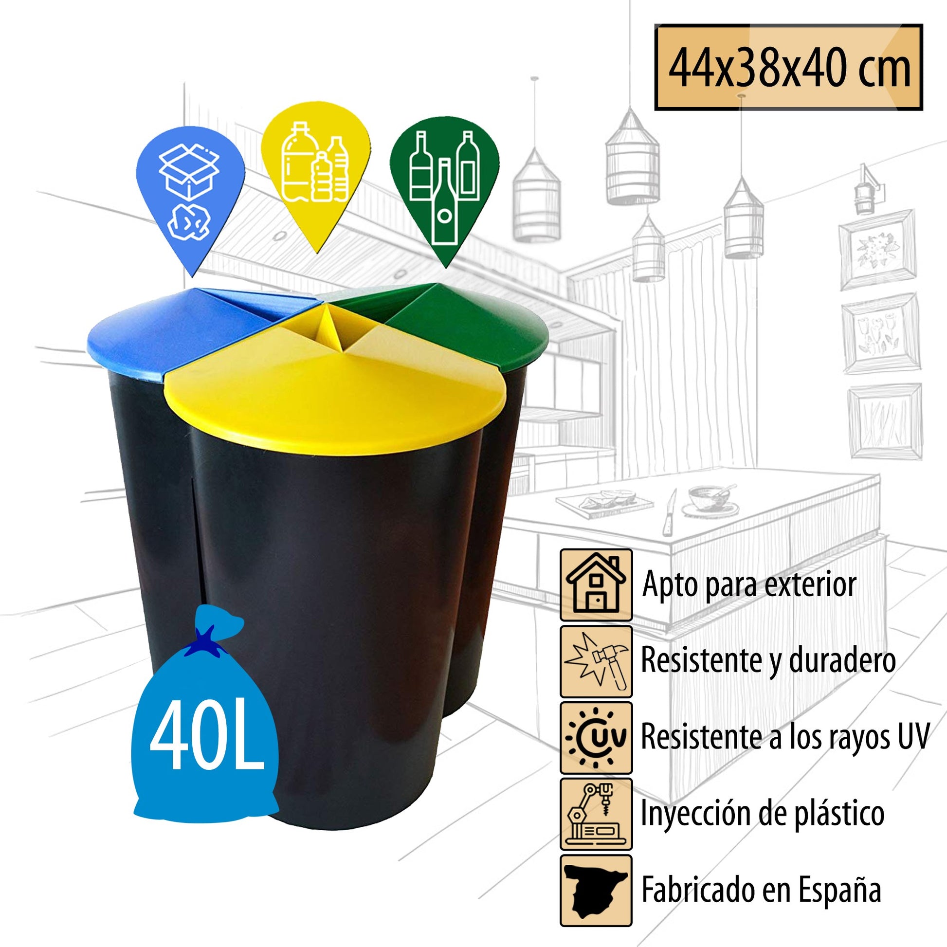 Cubo De Basura 40 Litros En 3 Compartimentos Color Negro 20 X 12 X 12 Cm En Plástico_1