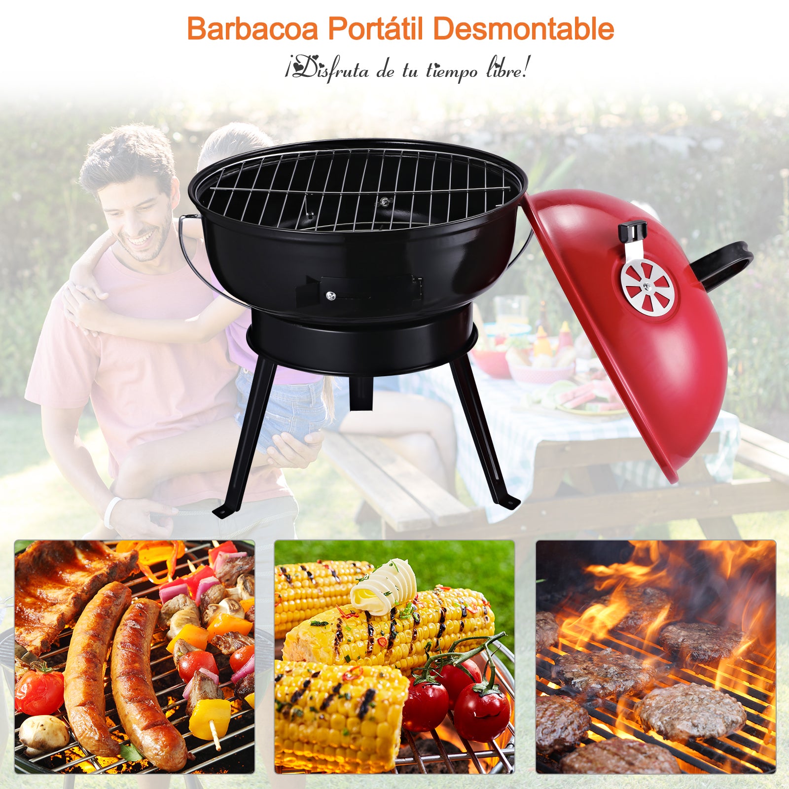 Outsunny Parrilla Para Barbacoa De Carbón Portátil Con Mango Ahumador Pequeño_5