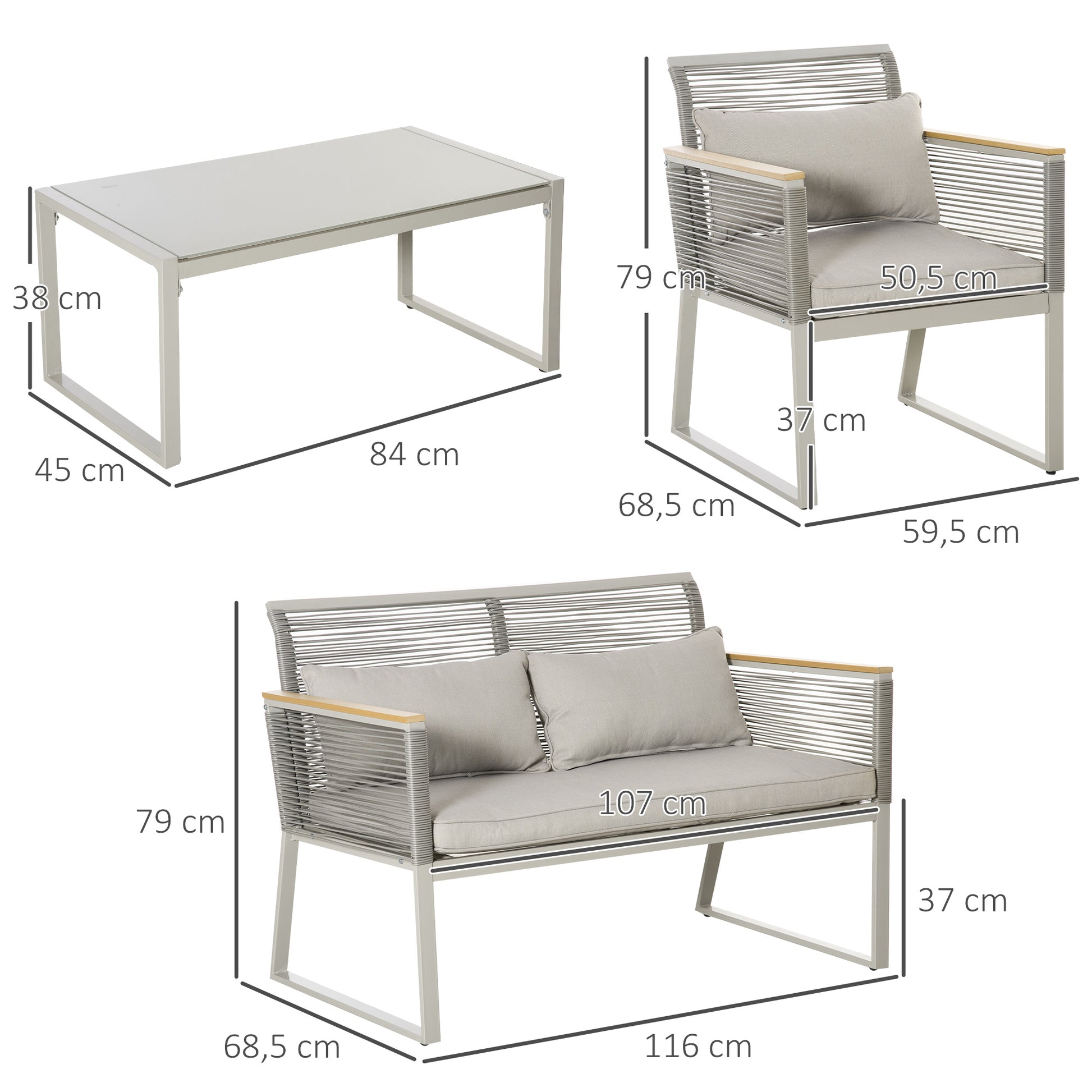Outsunny Muebles Jardín De Ratán 4 Piezas Sofá Doble 2 Sillones Y Mesa De Café_2