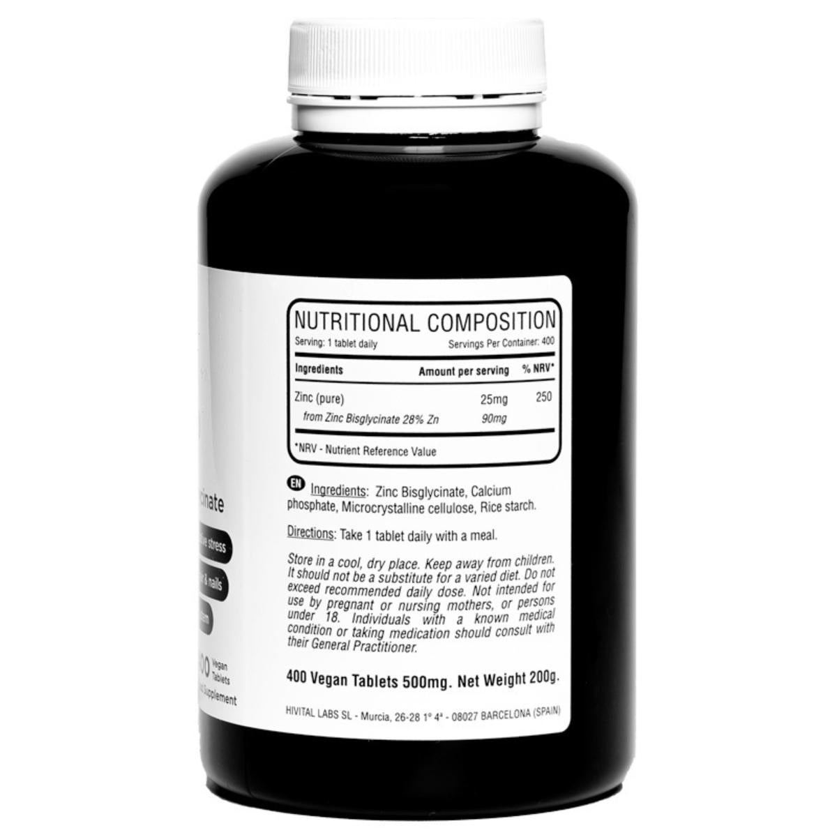 Bisglicinato de zinco 25 mg 400 comprimidos vegan Hivital
