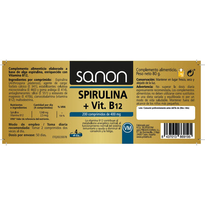 Espirulina + vitamina B12 SANON 200 comprimidos de 400 mg