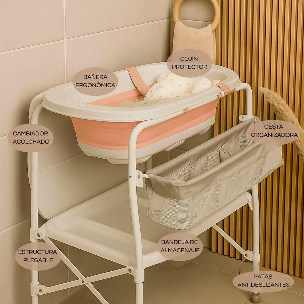Bathby | Bañera Bebé 5 En 1 Plegable Con Soporte, Cambiador, Bandejas, Desagüe (rosa Standard)_4