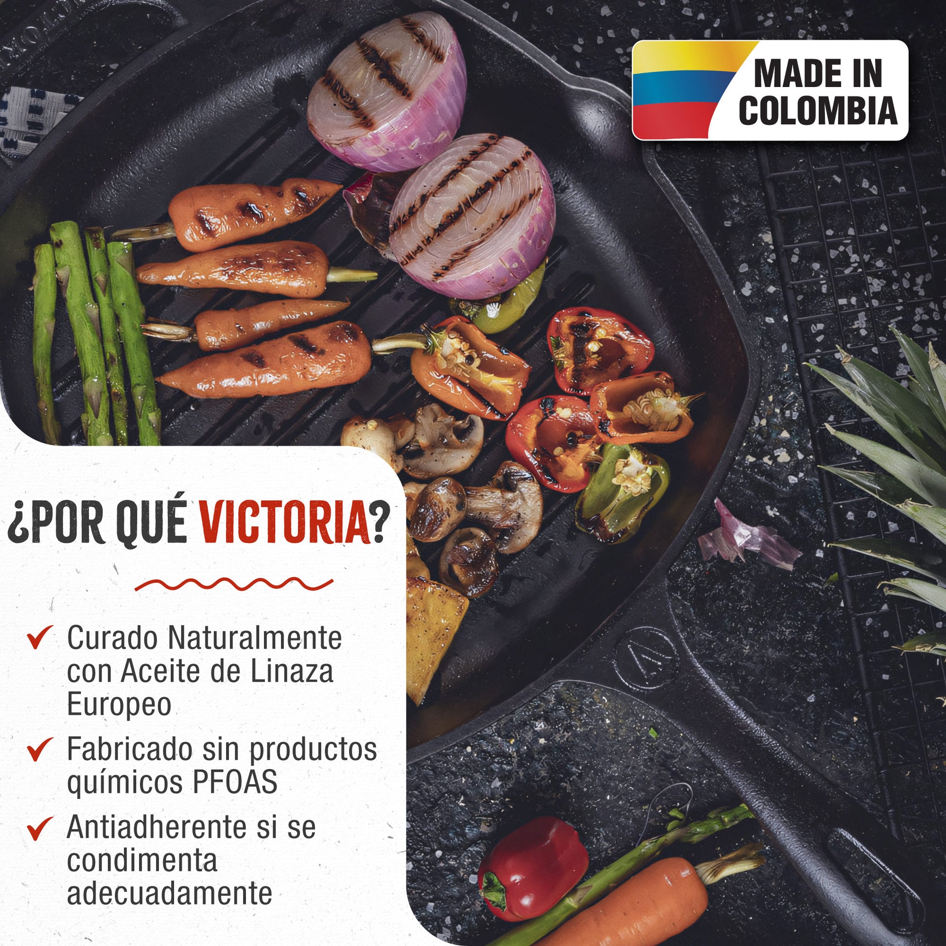 Victoria Sartén Grill Hierro Fundido Curado Inducción 25x25cm, Apta Fuego, Barbacoa, Cast Iron Skillet, 38571, Negro_1