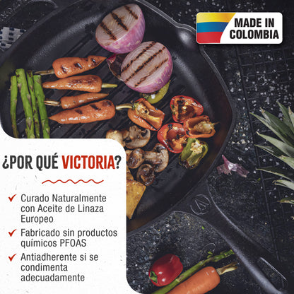 Victoria Sartén Grill Hierro Fundido Curado Inducción 25x25cm, Apta Fuego, Barbacoa, Cast Iron Skillet, 38571, Negro_1