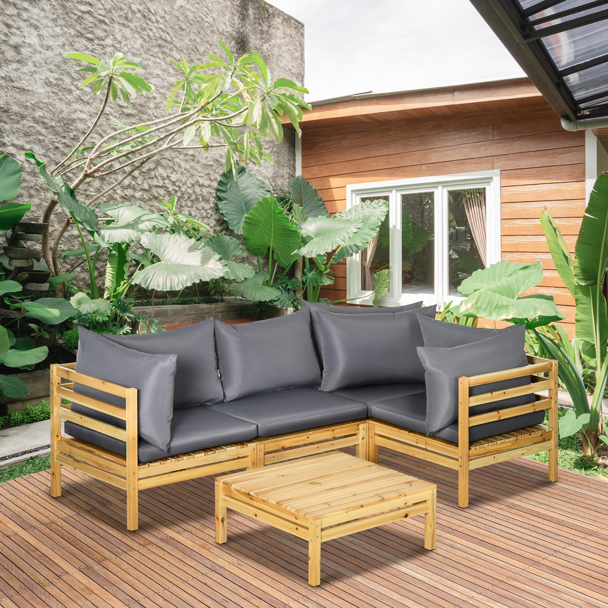 Outsunny Conjunto De Muebles De Jardín De Madera 5 Piezas Con 4 Sofás Y Mesa_1
