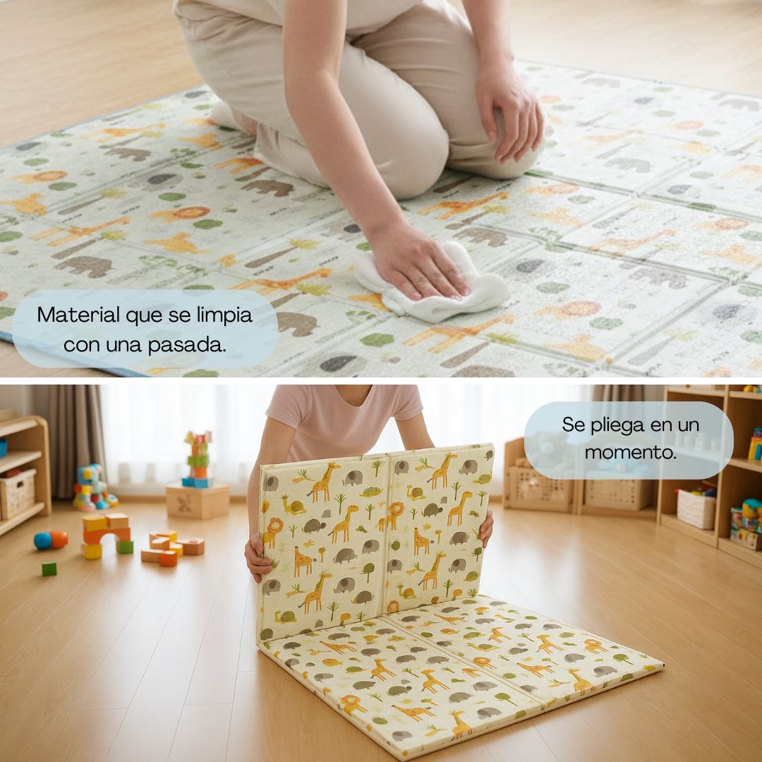 Bathby | Alfombra Plegable Para Bebé 200 × 150 Cm, Reversible Animales/hojas_1