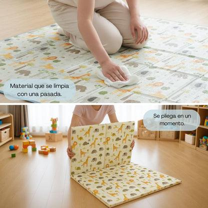Bathby | Alfombra Plegable Para Bebé 200 × 150 Cm, Reversible Animales/hojas_1