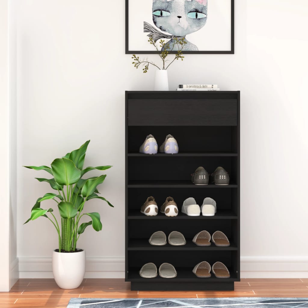 Armario Zapatero De Madera Maciza De Pino Negro 60x34x105 Cm / Vetonek_1