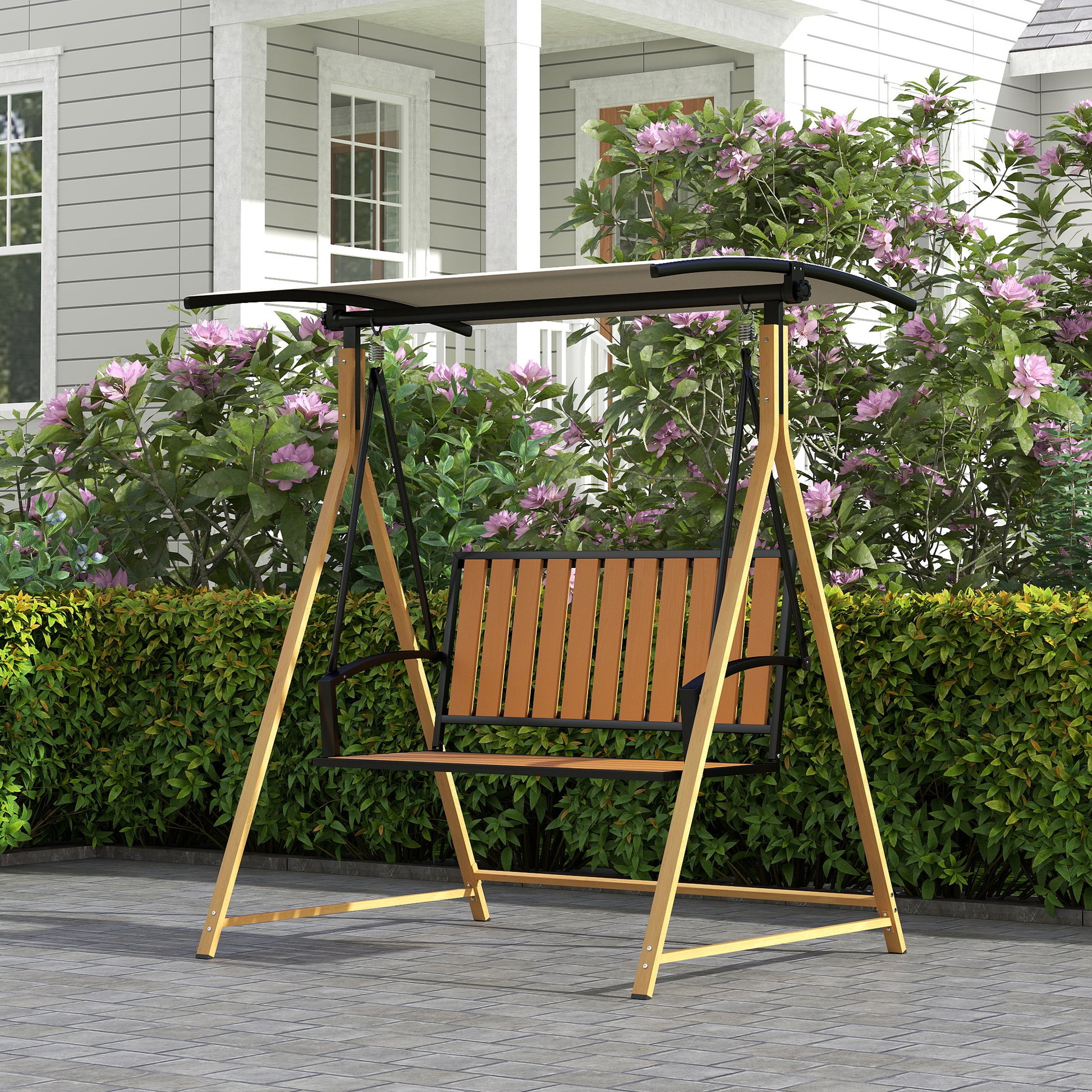 Outsunny Columpio De Jardín De 2 Plazas Con Toldo Ajustable Natural Y Beige_3