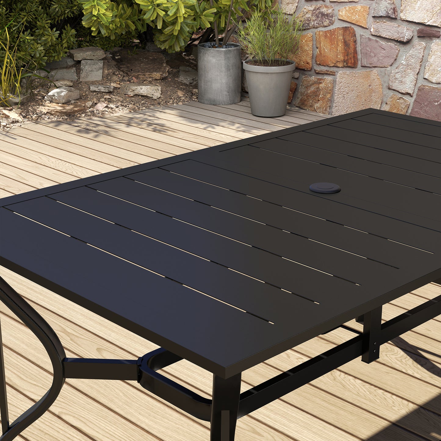 Outsunny Mesa Jardín Exterior Rectangular 150x90x73 Cm Con Tablero Ranurado_4