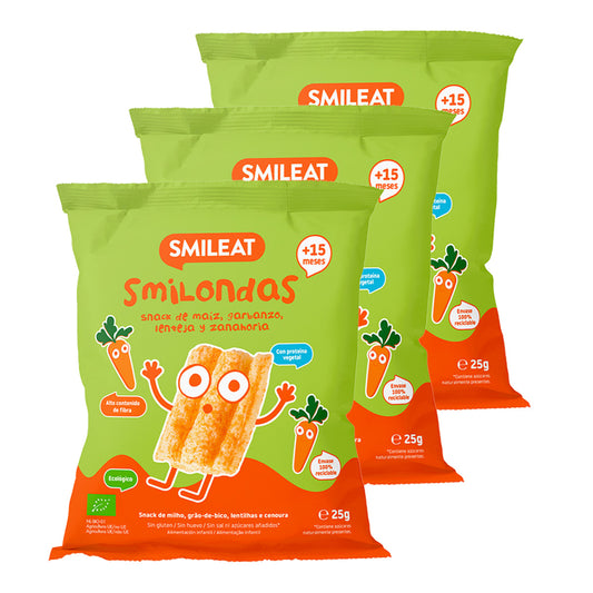 Pack de 3 Snacks Smilondas feitos de milho, grão-de-bico, lentilhas e cenouras biológicas, Smileat, 25 g