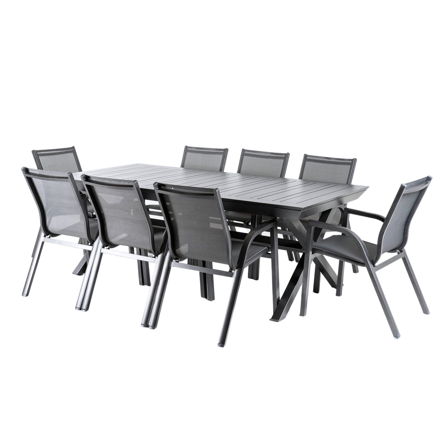 Conjunto Jardin, Mesa Extensible 215/295 Y 8 Sillones Apilables, Aluminio Antracita, Textilene Plata Y Negro, 8 Plazas_0
