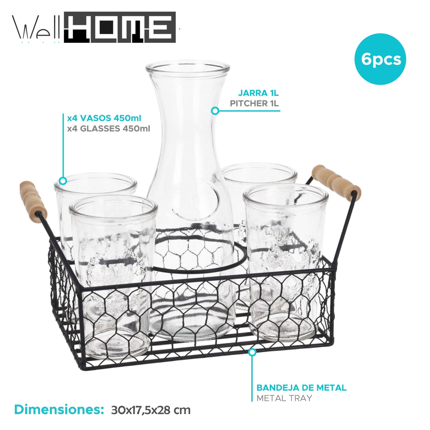 Well Home Juego De 4 Vasos De 450ml + Jarra De 1l En Vidrio_1