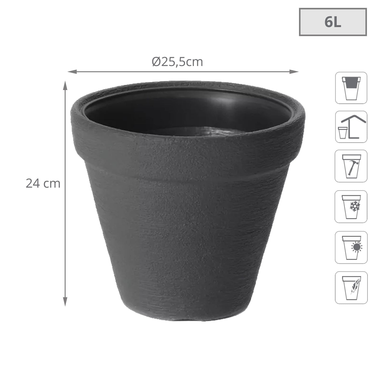 Maceta Classic 6l., Dimensiones (mm) 255x255x240, Color Antracita