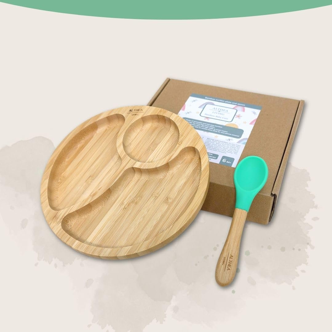 Vajilla De Bambú Natural Para Bebé Con Ventosa Antideslizante 2 Piezas Althea Living Verde Aguamarina_1
