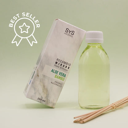 Recambio Mikado Aloe Vera y Bambú 200 ml con Varillas | Aroma Fresco Natural | Refill Difusor | Larga Duración_1