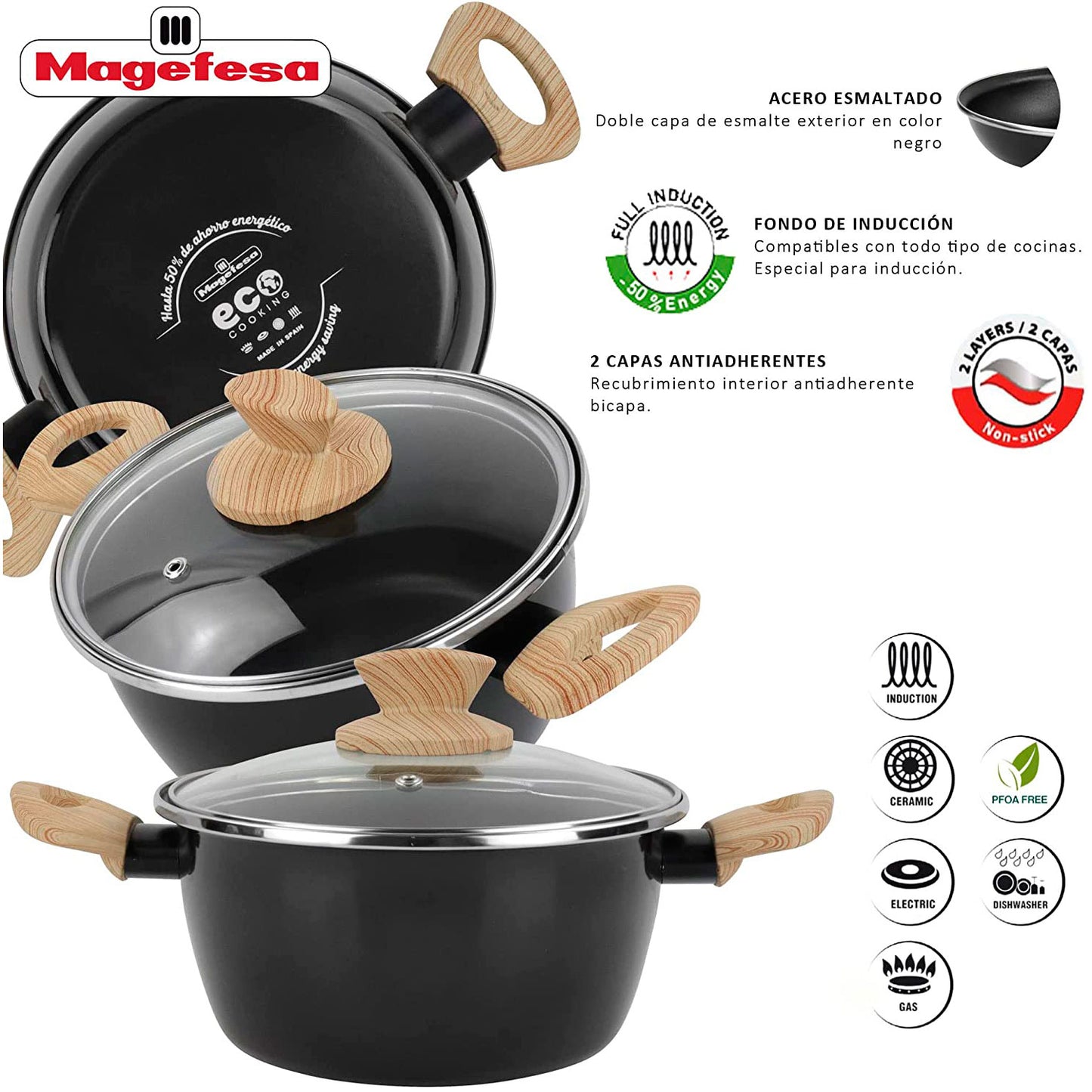 Batería Cocina Inducción 6 Piezas, Antiadherente Libre Pfoa, Exterior Negro Asas Efecto Madera Magefesa Orbe, Negro_4