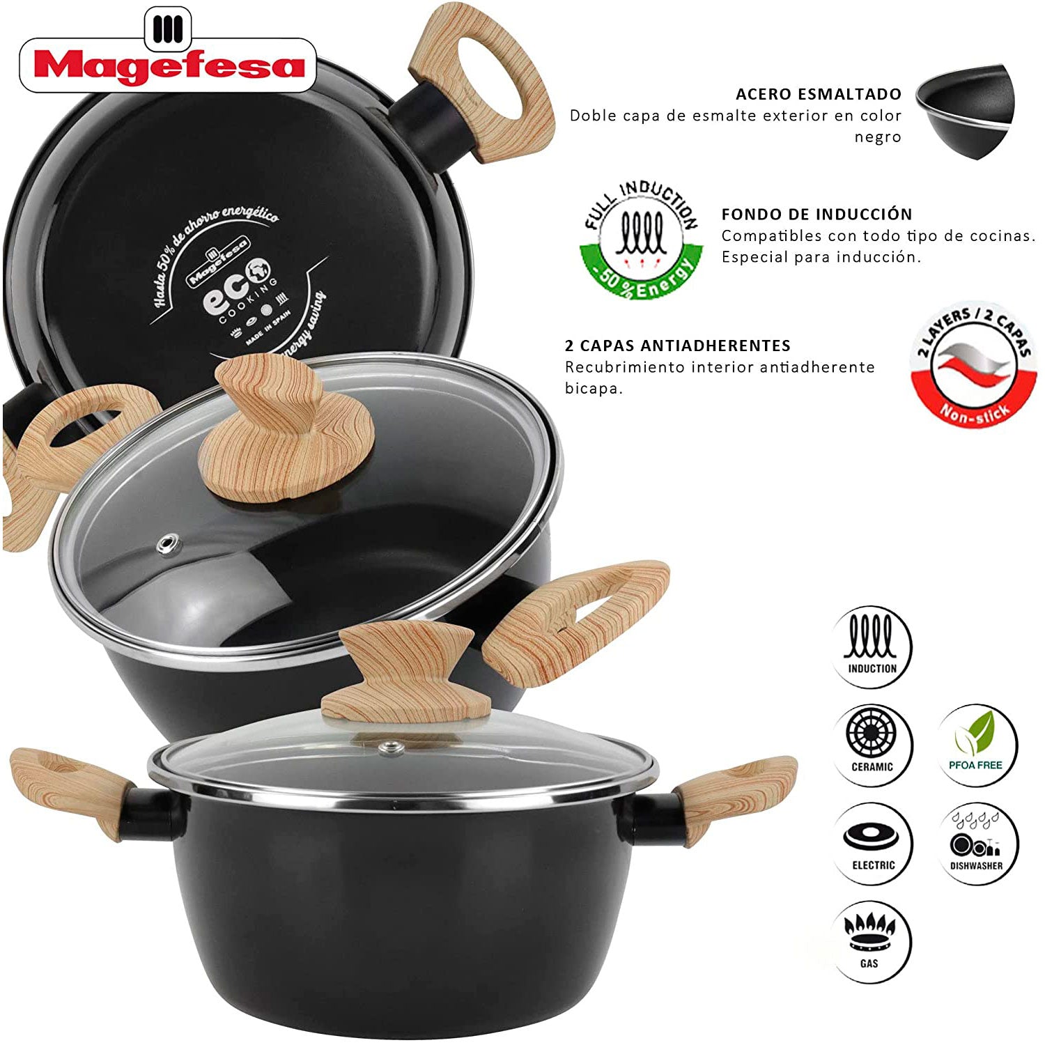 Batería Cocina Inducción 6 Piezas, Antiadherente Libre Pfoa, Exterior Negro Asas Efecto Madera Magefesa Orbe, Negro_4