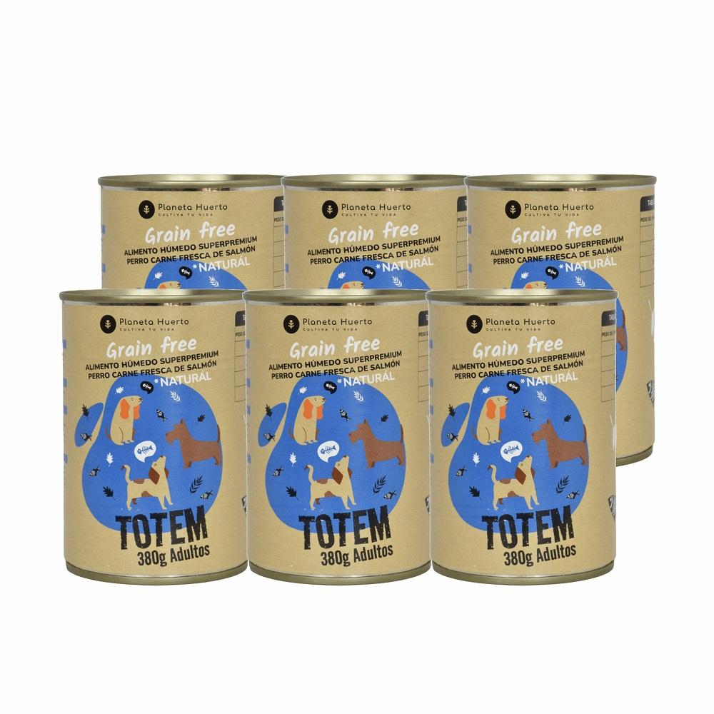 Embalagem de 6 rações húmidas superpremium sem cereais para cães com salmão, 380 g, Planeta Huerto