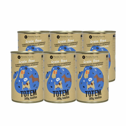 Embalagem de 6 rações húmidas superpremium sem cereais para cães com salmão, 380 g, Planeta Huerto