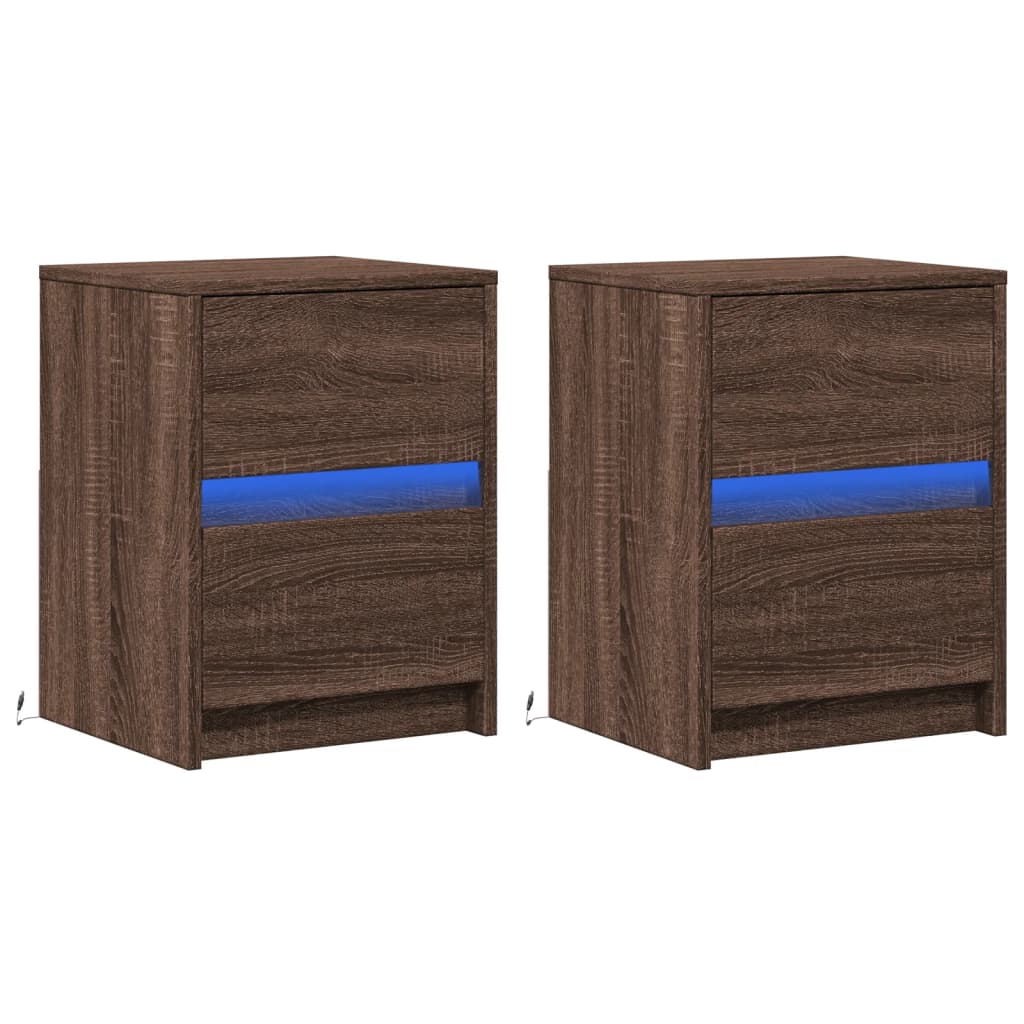 Mesitas De Noche Luces Led 2 Uds Madera Ingeniería Roble Marrón_1