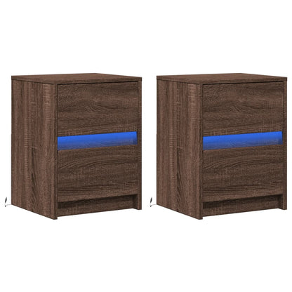 Mesitas De Noche Luces Led 2 Uds Madera Ingeniería Roble Marrón_1