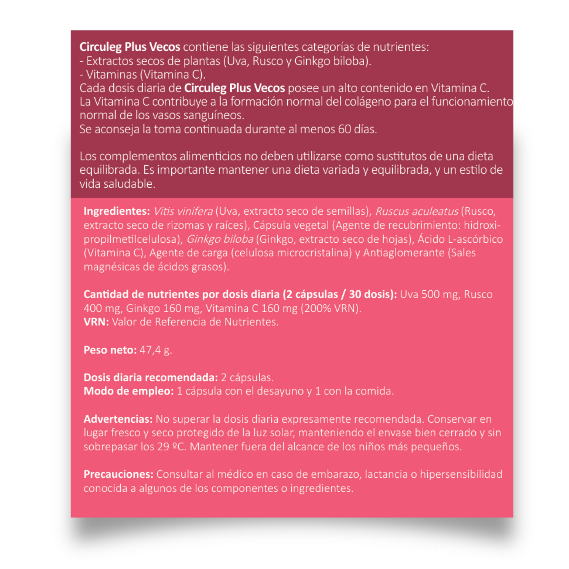 Circuleg Plus VECOS (60 cápsulas) | Piernas ligeras y Prevención de Varices | Uva, Rusco, Ginkgo y Vitamina C_4