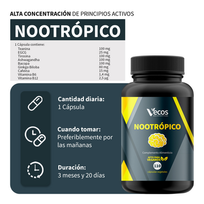 Nootrópico Natural Vecos 110 Cápsulas | Concentración Y Foco Mental | Cafeína + Teanina + Bacopa + Ginkgo_2