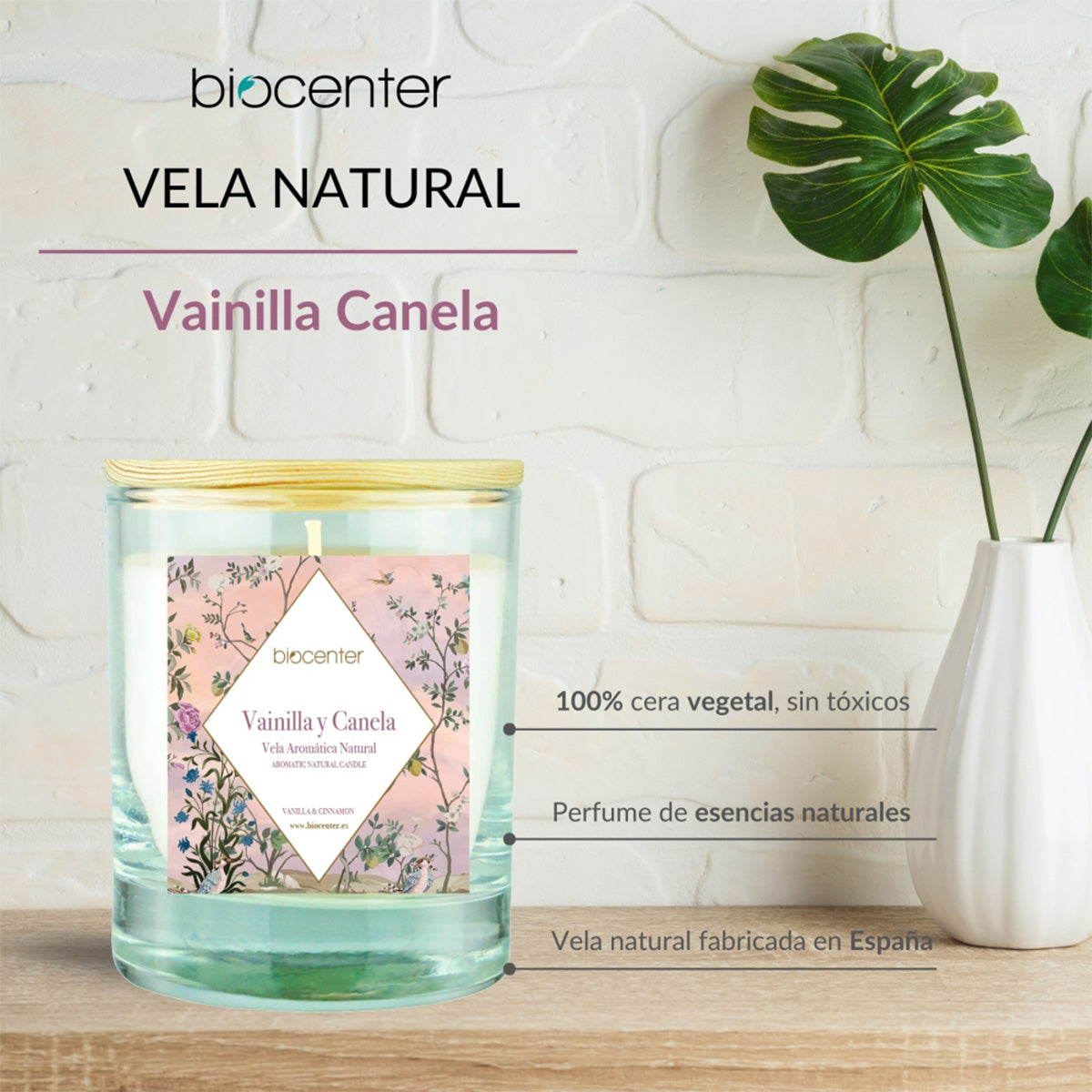 Vela Natural de Baunilha e Canela - Cera Vegetal e Óleos Essenciais, Biocenter, 200 gr