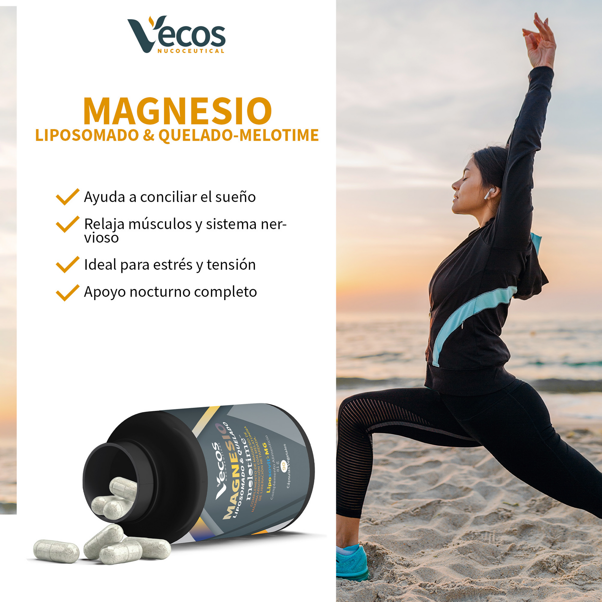 Magnesio Liposomado + Bisglicinato Vecos 90 Cápsulas | Sueño Potente Y Duradero | Melatonina De Liberación Prolongada_3