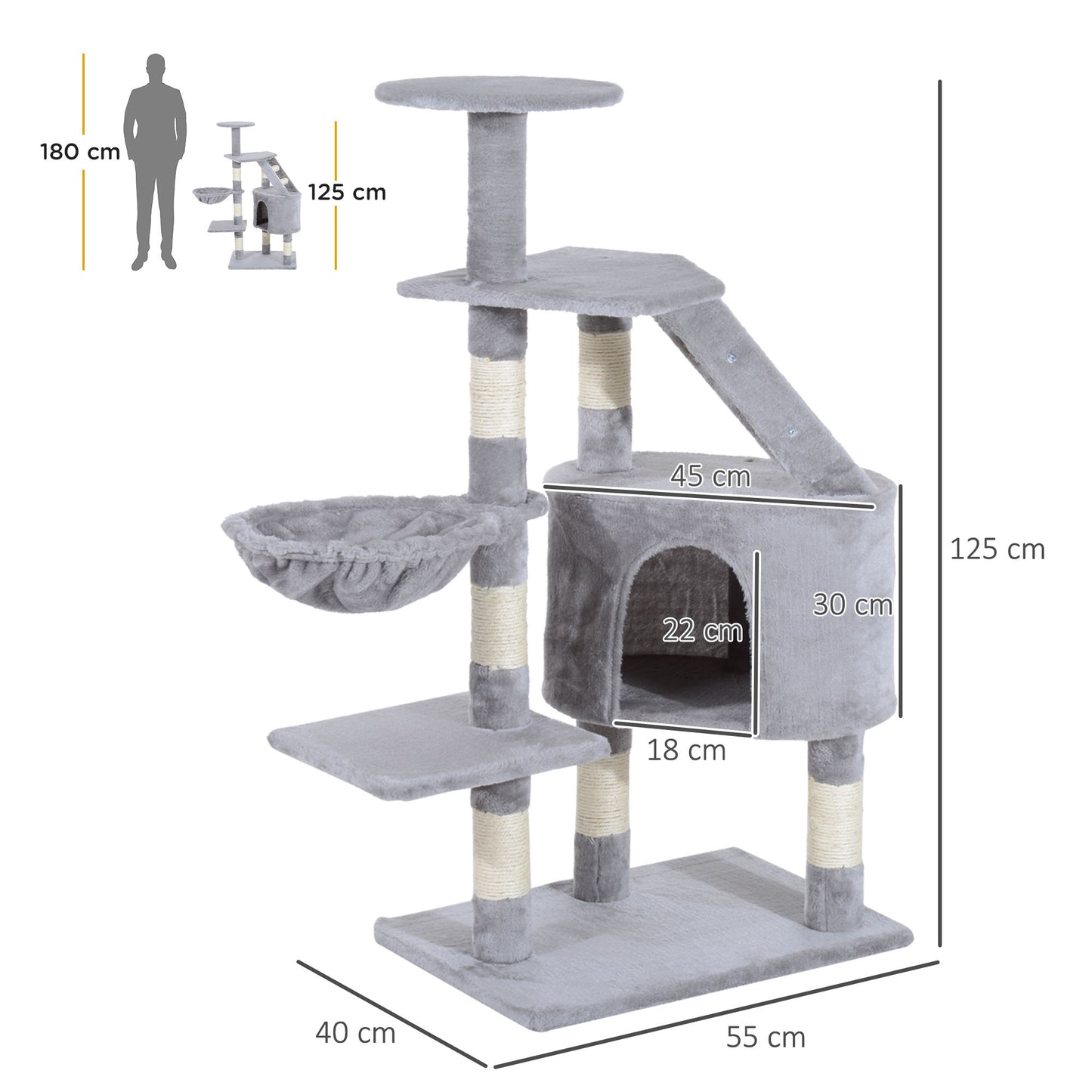 Pawhut Rascador Árbol Para Gatos Grande 55x40x125cm Postes Escalera Hamaca Gris_2