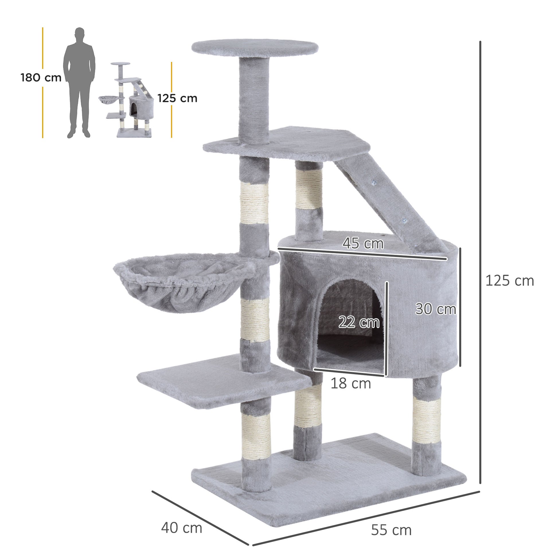 Pawhut Rascador Árbol Para Gatos Grande 55x40x125cm Postes Escalera Hamaca Gris_2