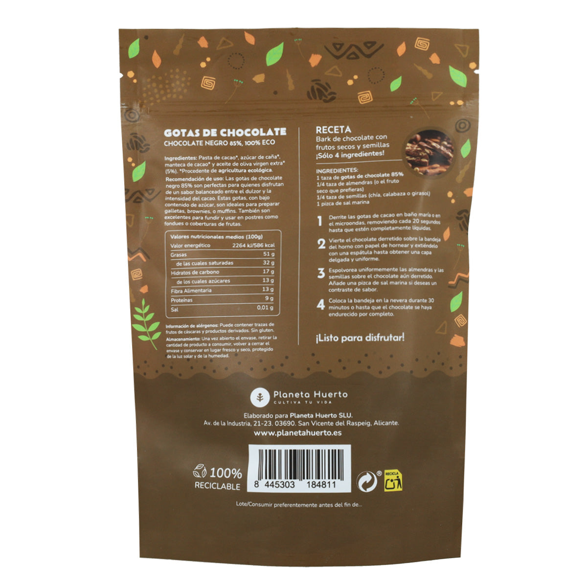 Pepitas de Chocolate 85% cacau ECO Planeta Huerto 200 g