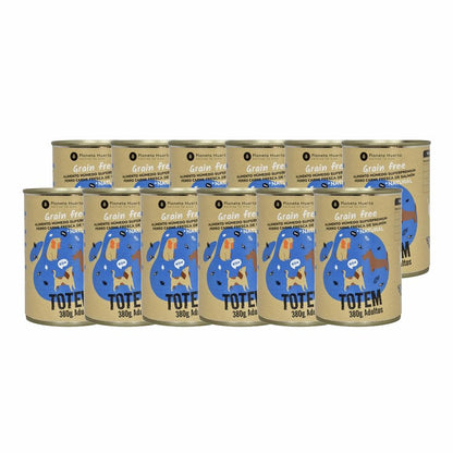 Embalagem de 12 rações húmidas superpremium sem cereais para cães com salmão, 380 g, Planeta Huerto