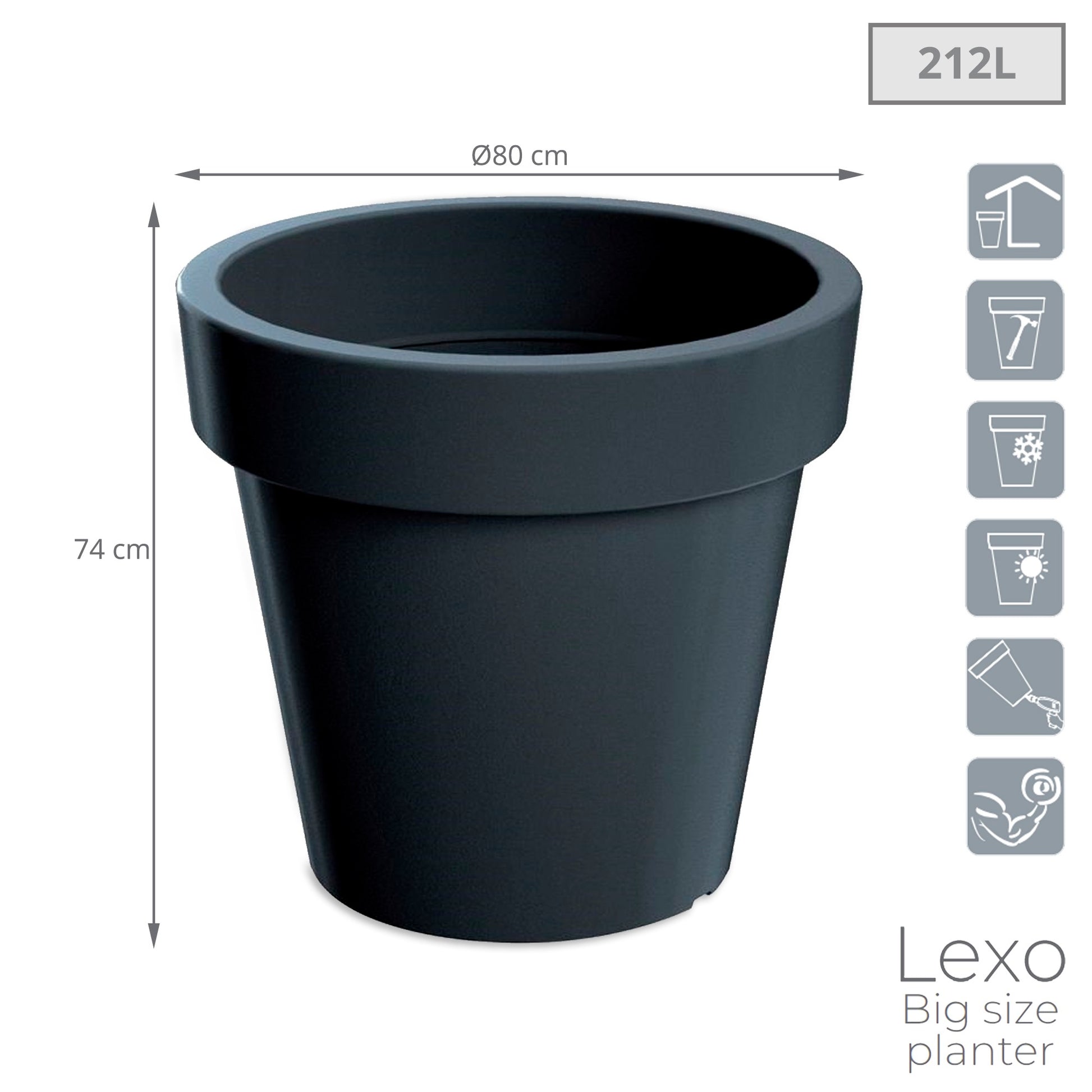 Maceta Lexo Round 212l., Dimensiones (mm) 800x800x740, Color Antracita_2