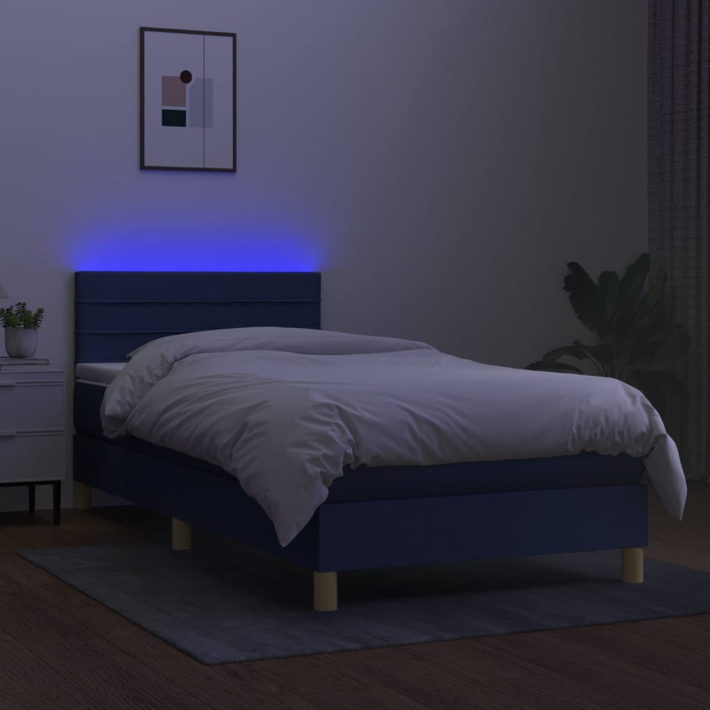 Cama Box Spring Con Colchón Y Led Tela Azul 80x200 Cm / Vetonek_4