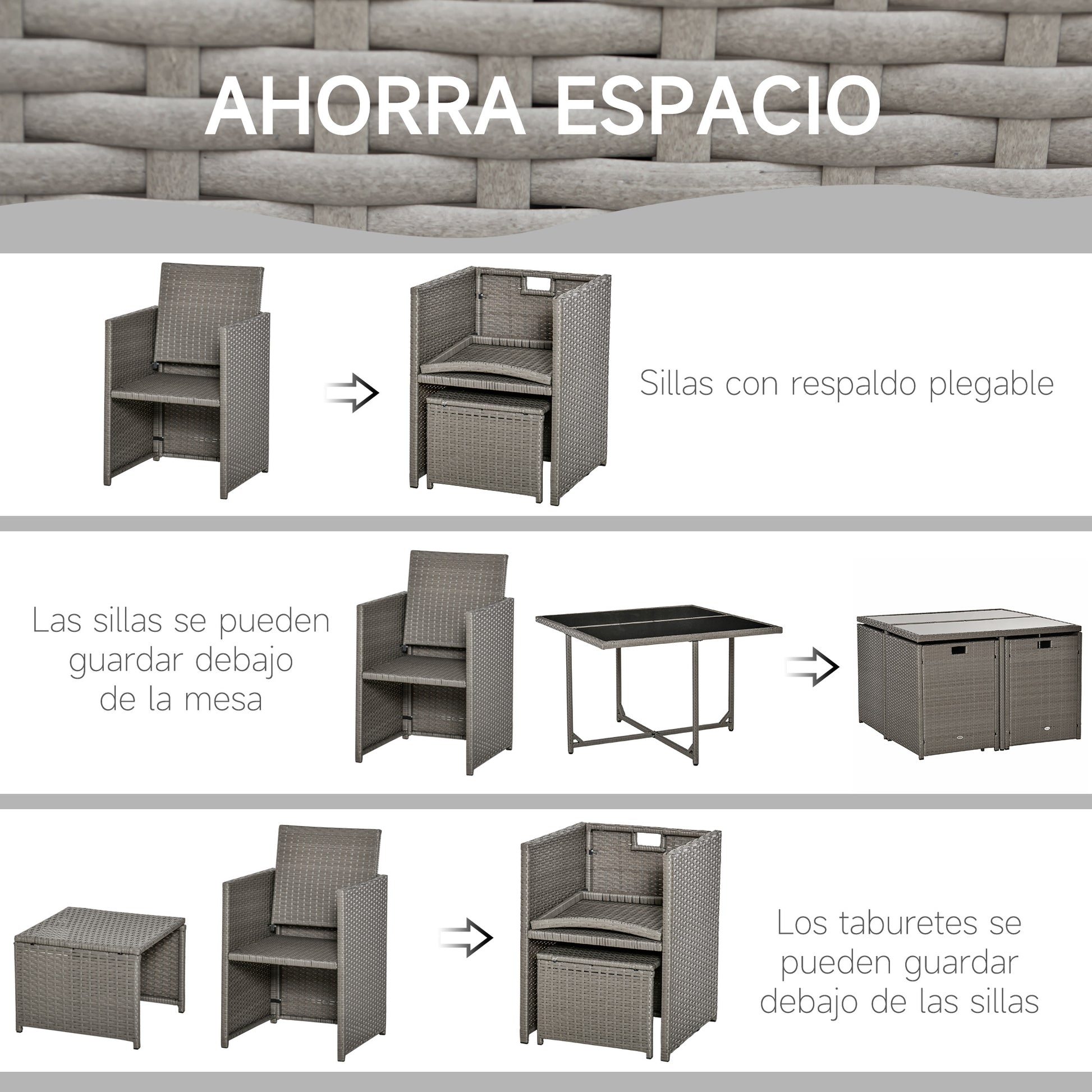 Outsunny Conjunto De Muebles De Jardín 9 Piezas De Ratán Comedor Apilables Gris_5